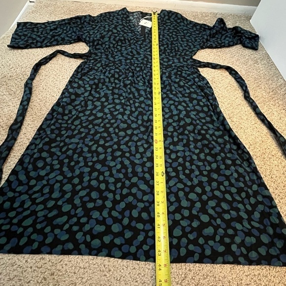Midi Dress Black Green/Blue Abstract Dots V-Neck Elbow Sleeve Tie Waist Large - Picture 8 of 12
